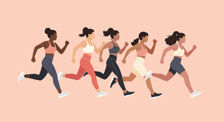 Diverse group of women running together in a flat vector illustration, promoting fitness and an active healthy lifestyle with friendship
