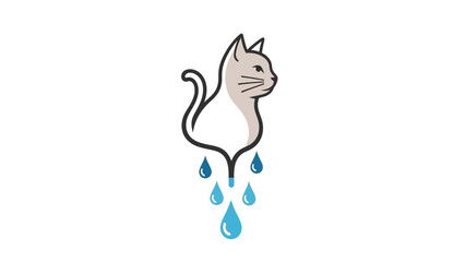Stylized cat-shaped water filtration icon with falling blue water drops on a white background