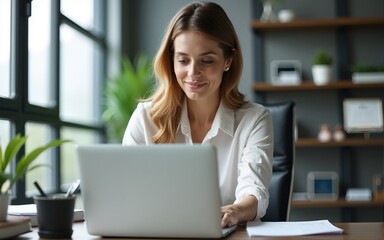 Busy mature middle aged professional business woman executive, female bank manager or entrepreneur looking at laptop computer in corporate office working sitting at desk. Authentic candid shot..
