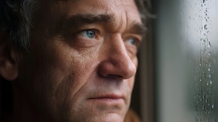 Mature man looking out a rain streaked window his expression pensive and melancholic conveying a mood of deep reflection