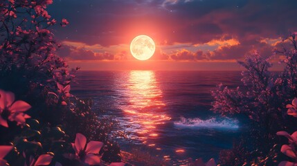A full moon rises over a calm ocean, illuminating the water with a warm glow. Pink flowers bloom in the foreground, creating a romantic and serene atmosphere.