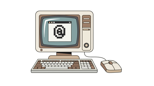 A vintage computer setup with a monitor, keyboard, and mouse on a white background