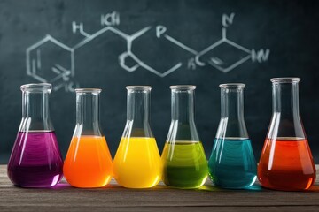Vibrant beakers lined up with colorful liquids against a dark background showcasing chemical structure diagrams