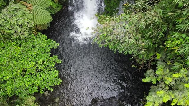 Aerial Footage of Sebrangan Waterfall Surrounded by Bamboo Forest, Java Island, Indonesia