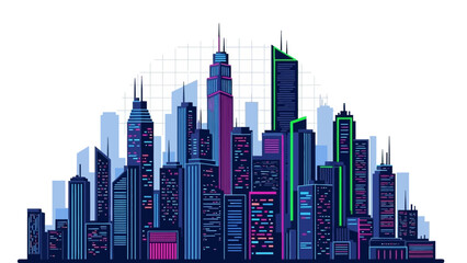 Fototapeta premium Vibrant cityscape illustration in shades of blue, pink, & green showing multiple buildings & skyline