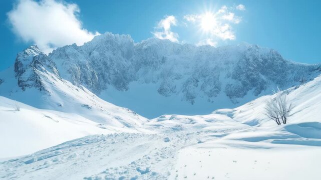 Snow-covered landscape with majestic mountains under a clear blue sky during midday hours