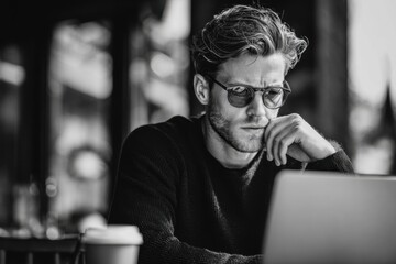 Man focuses on his laptop while enjoying coffee in a cozy cafe during a relaxed afternoon