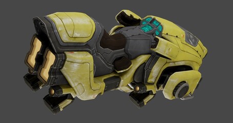 Stunning futuristic military jetpack design featuring worn yellow armor and glowing teal control panel elements