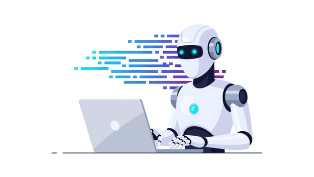 White robot with glowing blue details is typing on a silver laptop against streaks of blue gradient squares