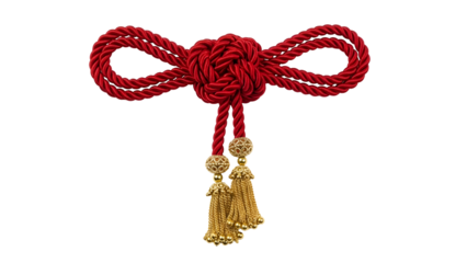 Elegant red rope knot with golden tassels and beads, a decorative adornment for various uses