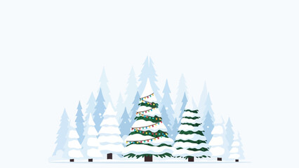 Winter snowy pine tree forest illustration, with lights and snow covered branches