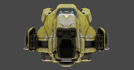 Stunning, rugged yellow futuristic dropship cockpit view ready for intense interstellar science fiction missions © ridho