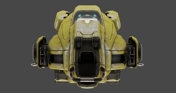 Stunning, rugged yellow futuristic dropship cockpit view ready for intense interstellar science fiction missions