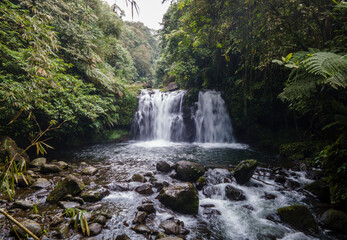 Obraz premium Aerial view of Beautiful Sebrangan Waterfall in Forest with Bamboo Trees, Java Island, Indonesia