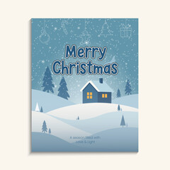 Minimalist blue merry christmas greeting card, social media post, snowy winter night landscape.