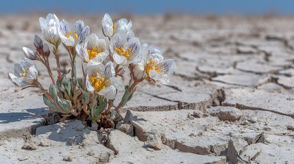 Delicate desert flower blooming in cracked dry earth.