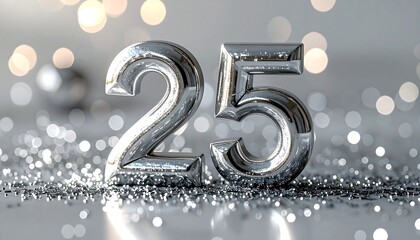 Shiny silver numerals "25" on glittering background, commemorating milestone