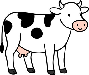 Cute cartoon cow illustration in simple black and white line art style