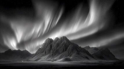 Dramatic Aurora Borealis Over Rugged Mountain Landscape.