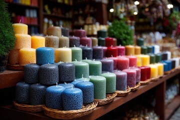 Variety of colorful candles displayed for sale at a craft market showcasing unique creations and artisanal craftsmanship