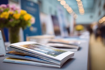 Trade show event with brochures on table and floral arrangement in a bright venue creating a welcoming atmosphere for visitors interested in various industries