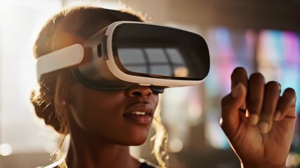 Close up of young black woman wearing virtual reality headset interacting with digital world making an okay gesture - Powered by Adobe
