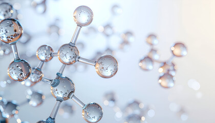 Minimal white background with transparent molecular structures symbolizing clean science and medical technology.