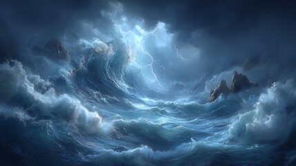 Dramatic Ocean Storm Waves Crashing with Lightning.