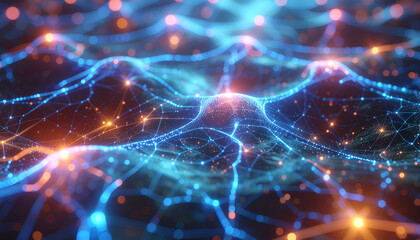 Abstract neural network concept with glowing synapses for artificial intelligence and biotechnology themes.