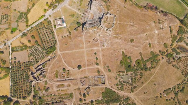 Balat, Turkey. Aerial drone view of ancient Miletus with Faustina Baths, Kirk Merdivenli Cami, Bouleuterion and the Great Harbor in a single frame. Aerial View, HEAD OVER SHOT