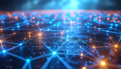 Futuristic neural connections with luminous signals in a blue cyber science environment.