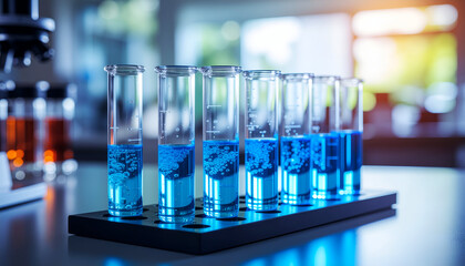 Chemistry lab glassware with clear test tubes containing blue solutions for medical and scientific analysis.