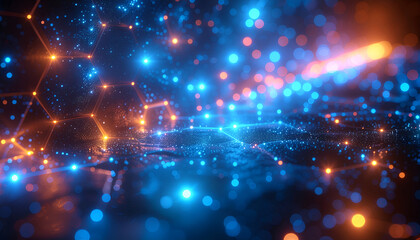 Neon hexagonal network with glowing particles representing digital innovation and blockchain technology.