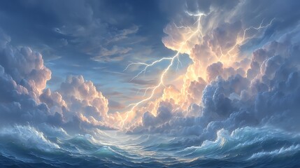 Dramatic Sky Over Turbulent Ocean with Lightning.