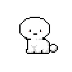 Fototapeta premium White pixel art dog poodle sitting calmly. This cute 8-bit digital illustration is perfect for pet-themed designs, retro games, stickers, icons, game asset, wallpaper, template card and background.