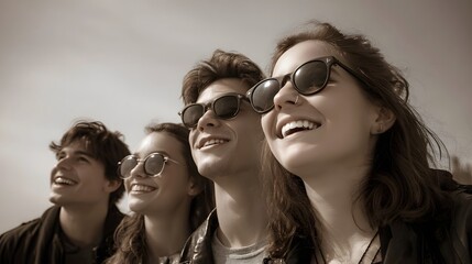 Obraz premium A group of young friends wearing sunglasses smiles and looks up at the sky on a sunny day captured in a warm sepia tone