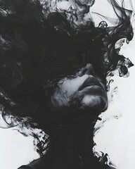 Fototapeta premium Woman submerged in black ink abstract, representing mental health issues, inner turmoil, and struggle with depression or anxiety.