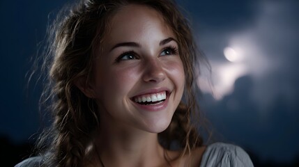 Fototapeta premium A young woman with braided pigtails smiles with radiant joy under a dark moonlit night sky