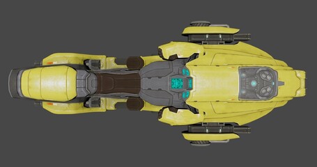 Stunning top down view of a futuristic yellow science fiction spacecraft design against a dark background © ridho