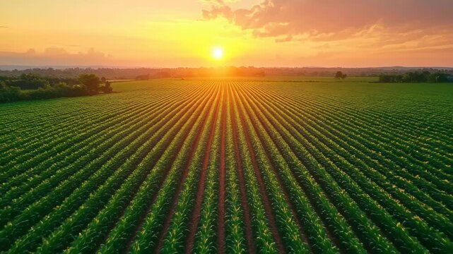 Vibrant cornfield at sunset showcasing rows of green plants under a bright orange sky in rural farmland