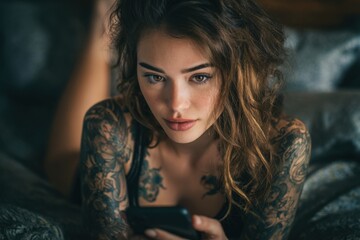 Young woman with wavy brunette hair and tattoos browsing on her phone while relaxing on a bed in a cozy indoor setting during the evening