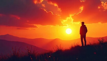 Fototapeta premium A solitary figure is silhouetted against a vibrant sunset, conveying a sense of introspection and inner peace, reflecting on life's journey and the beauty of existence , mood, soul