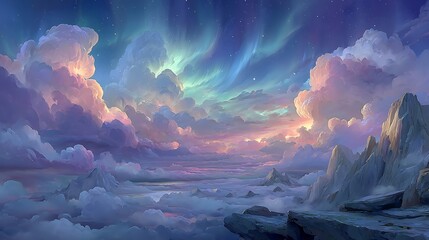 Dreamy Aurora Sky Over Misty Landscape.
