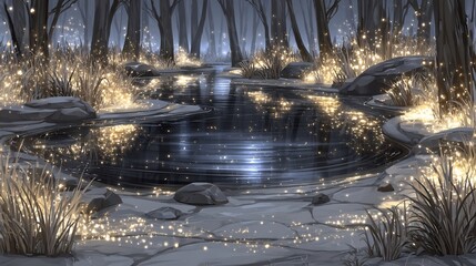 Enchanted Forest Stream at Night with Fireflies.
