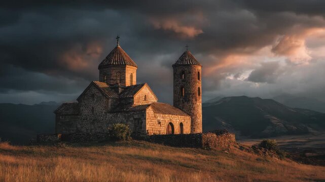 Peaceful Rural Church with Dramatic Evening Sky