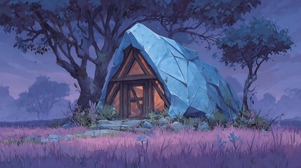 Enchanting A-frame cabin nestled under ancient trees in a mystical twilight forest.