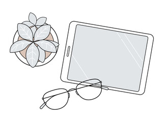 タブレットと観葉植物のミニマルな俯瞰ラインアイコン（くすみカラー）