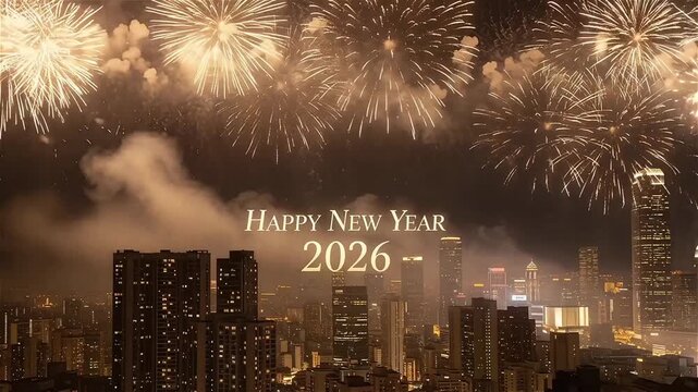 A nighttime city skyline lit by large golden fireworks and glowing light reflections. The scene creates a dramatic and festive New Year atmosphere perfect for celebrations and greeting visuals.