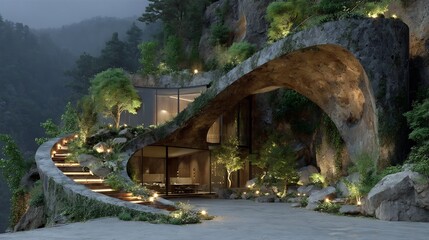 Enchanting Cave Entrance with Illuminated Pathway and Lush Greenery.