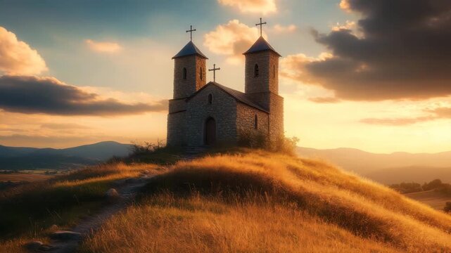 Hilltop Stone Church at Sunset Over Golden Countryside